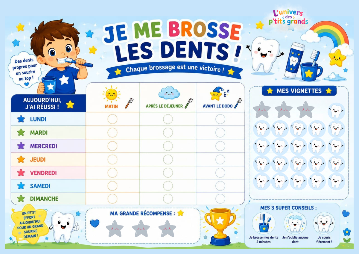 🦷✨ Je me brosse les dents – Le tableau ludique qui donne envie de sourire ! 👦👧